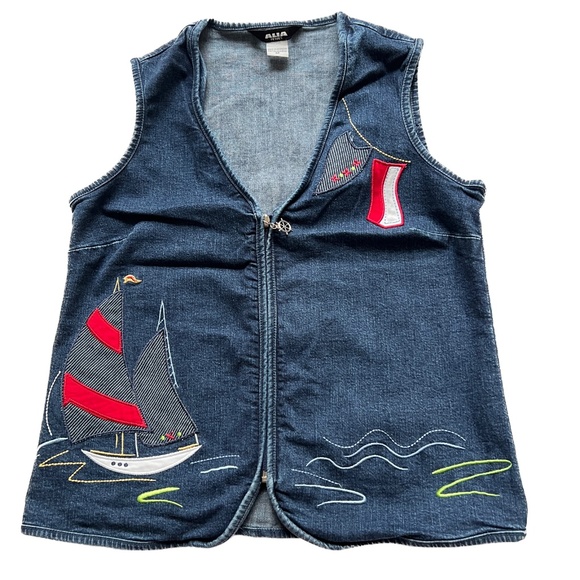 Alia Petites Nautical VEST Size 6P Cotton Spandex Sailboat Red White Blue Denim - Picture 1 of 8